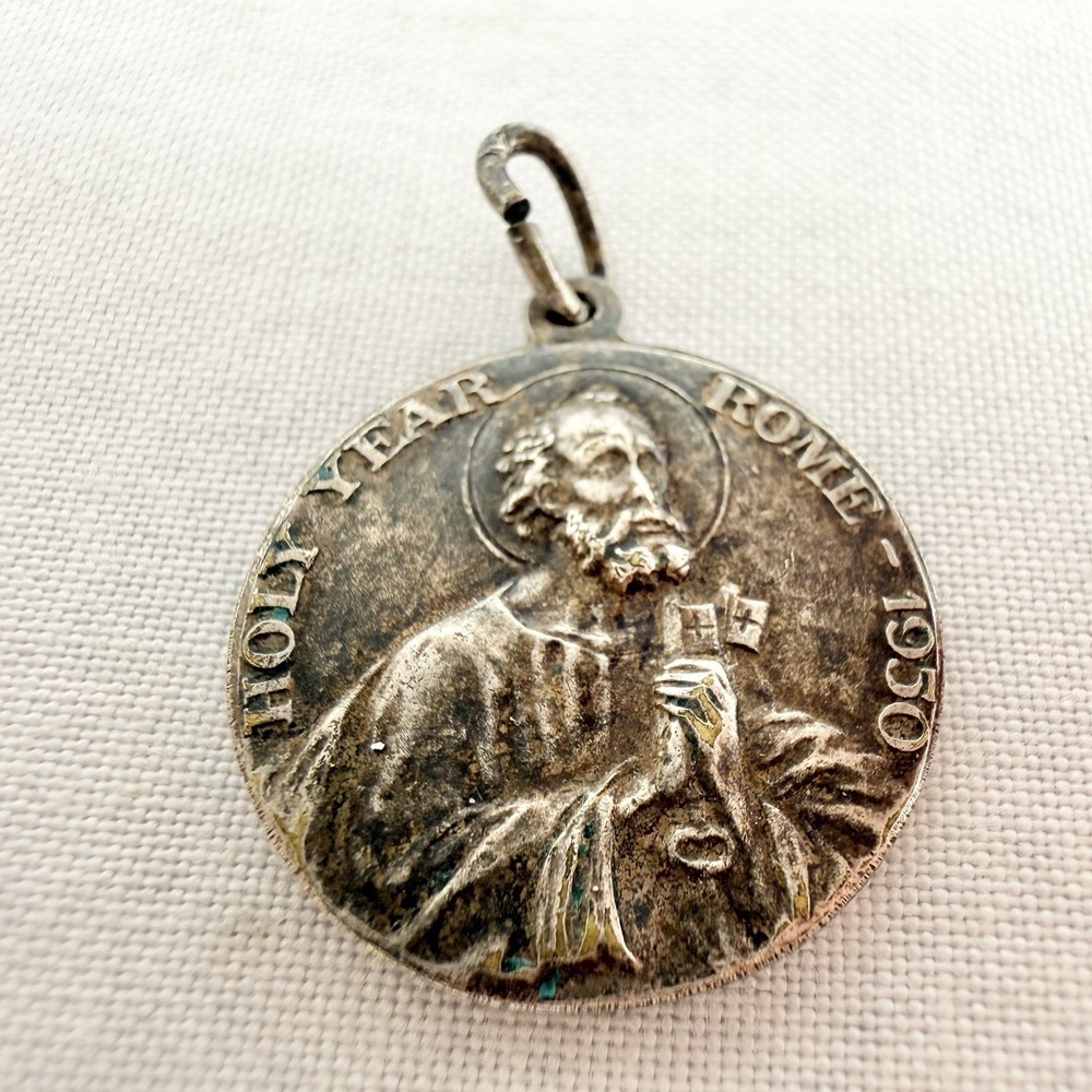 Vintage Pope Pius XII Medal Catholic Holy Year 1950 Pendant Silver Tone Religion